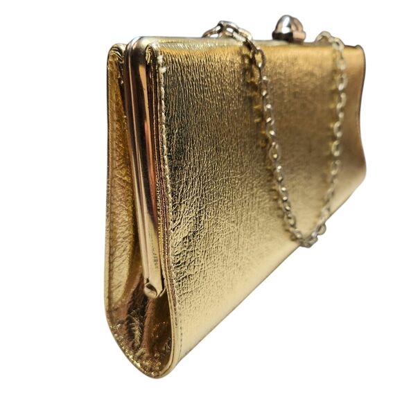 Vintage 60s Leather Gold Clutch Purse Handbag Metallic Chain Handle Envelope MCM - Picture 6 of 16